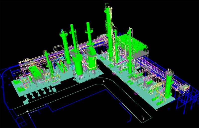 A bird's-eye view of KP Engineering's 3D rendering of a hydrodesulfurization on an L-shaped plot